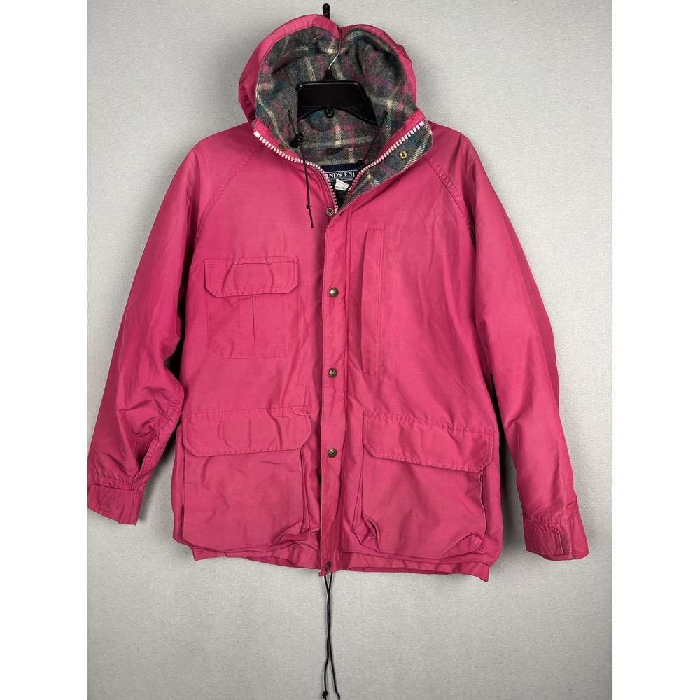 Vintage Lands End Jacket Womens Large Plaid Wool Lined Hooded Parka USA 90s